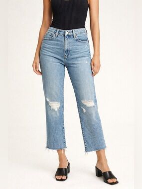 AG Kinsley Crop Jeans Women 29 Blue Distressed High Rise Raw Hem Denim